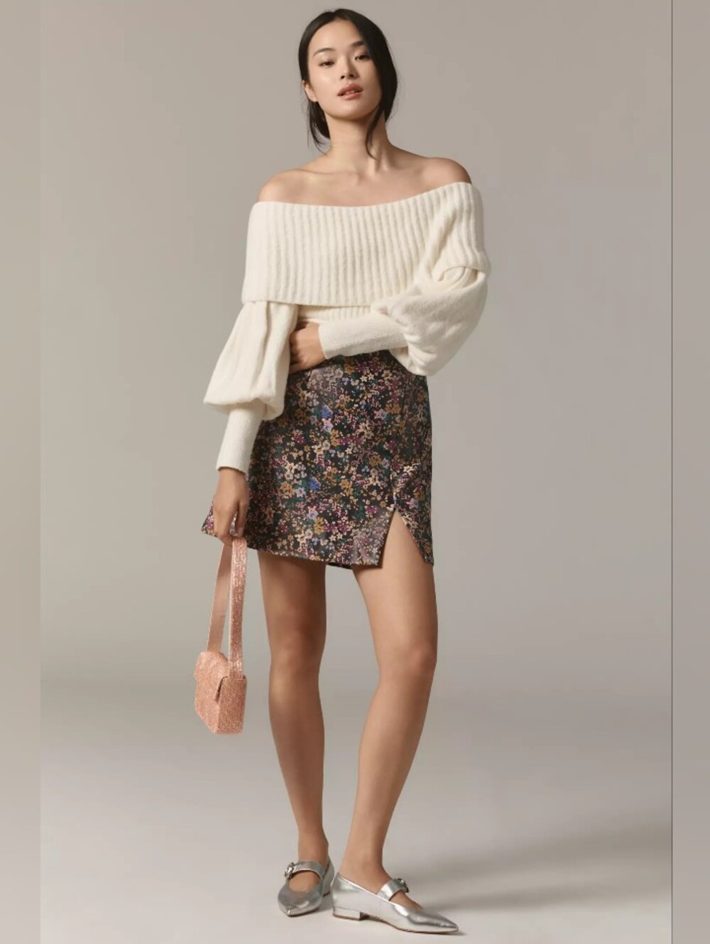 Maeve by Anthropologie Faux Leather Dark Side-Slit Floral Micro Mini Skirt